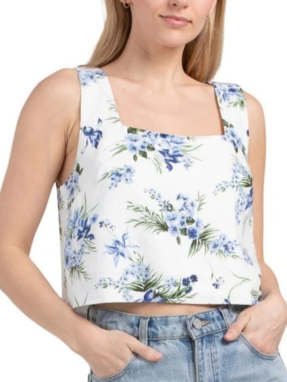 Rachel Zoe White & Blue Floral Linen Blend  Square Neck Summer Crop Tank Medium